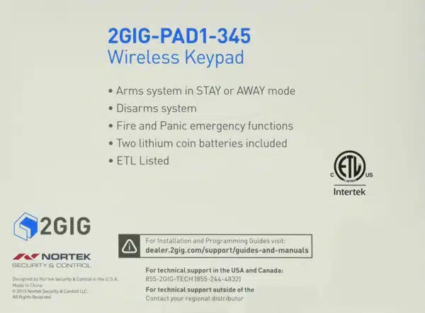 2gig PAD1 Wireless Keypad ETL Listed (Silver)
