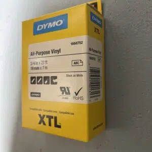 DYMO 1868752 Rhino XTL White Vinyl Tape, 19mm, Black Text